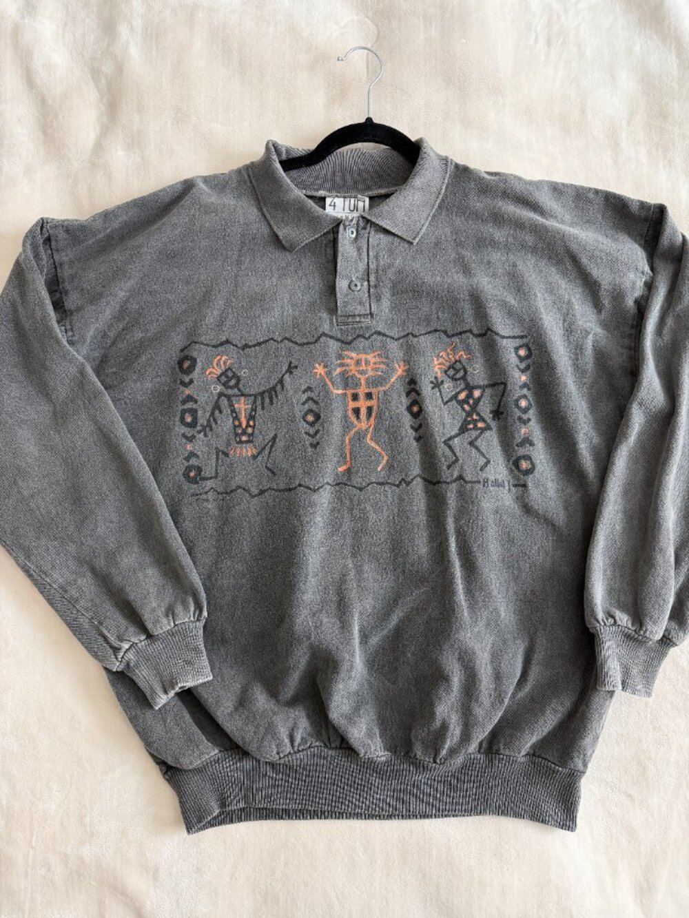 Vintage 90s 4 Fun Originals Sz 3 Gray Aztec Art Long Sleeve Polo Native USA